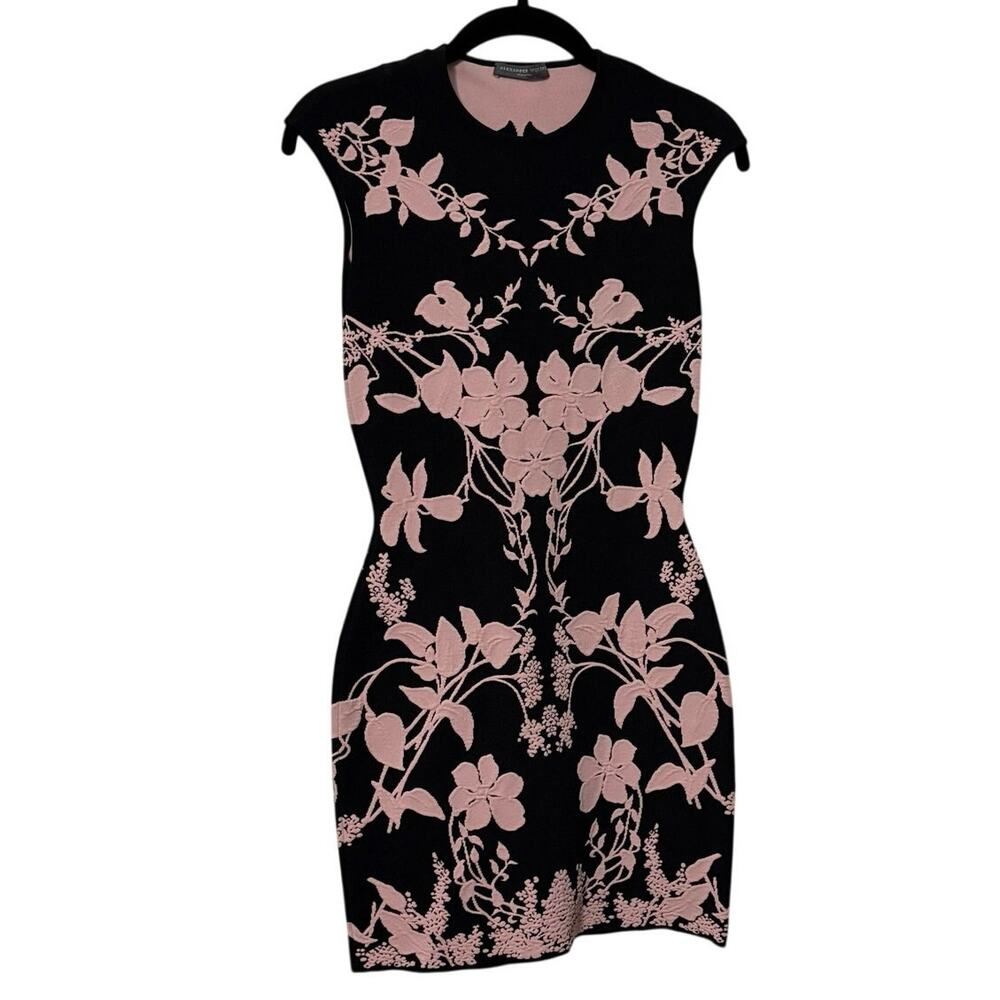 Alexander McQueen Black Pink Floral Knit Cocktail Bodycon Mini Dress Size Small